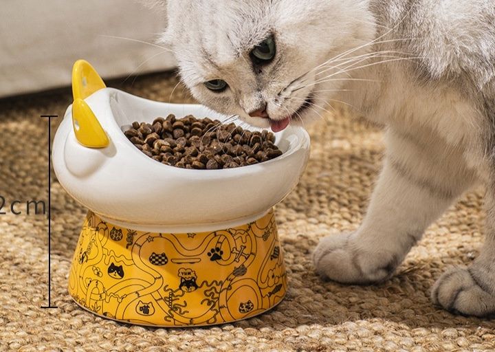 ペット食器 猫耳デザイン陶器製高台ペット食器小