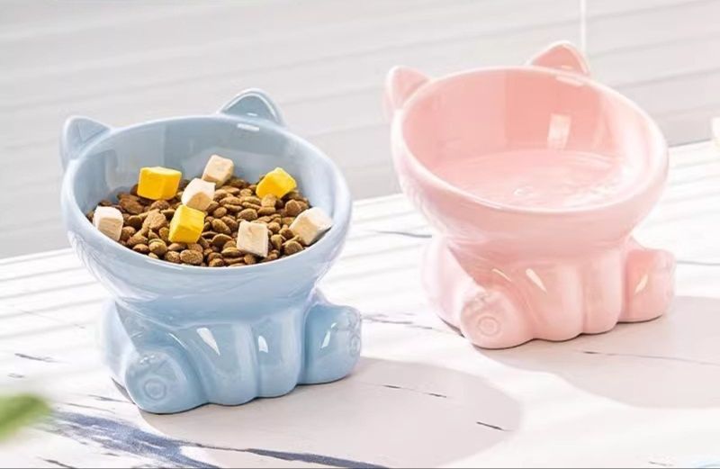 丸みフォルムの食べやすい猫型陶器ペット食器 