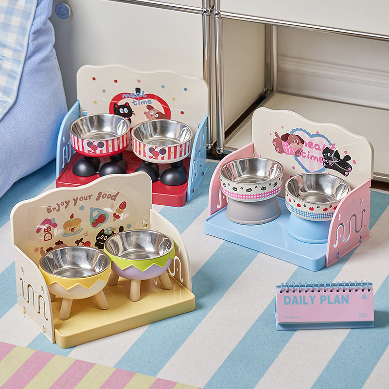 ペット食器 かわいいイラスト付き二連ステンレスペット食器スタンドセット
