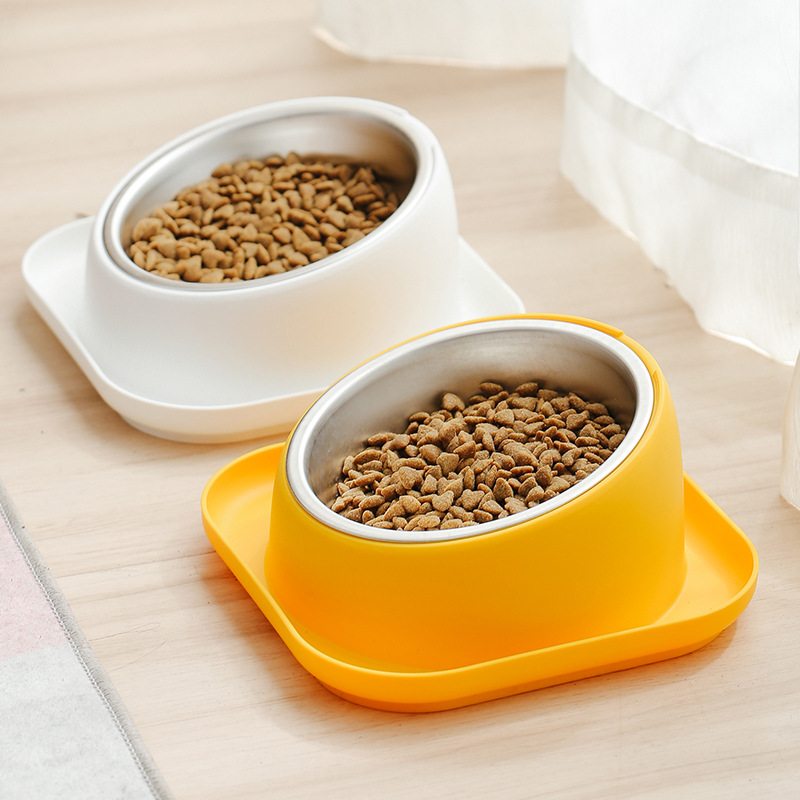 ペット食器 傾斜角度付き猫犬用ステンレス食器トレー一体型