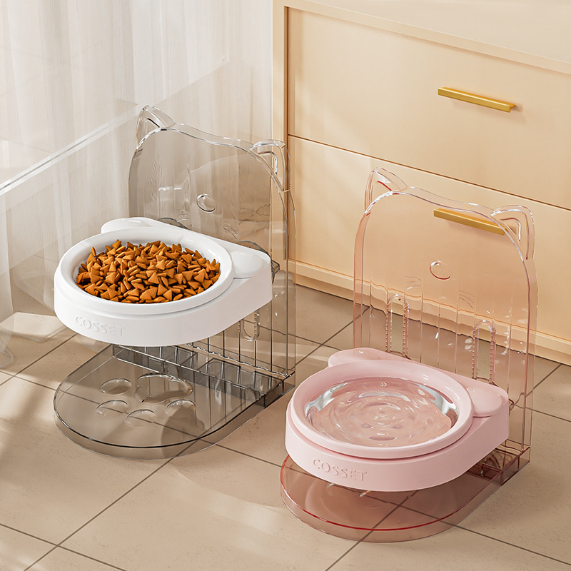 ペット食器 猫耳デザインの透明スタンド付き猫用食器セット
