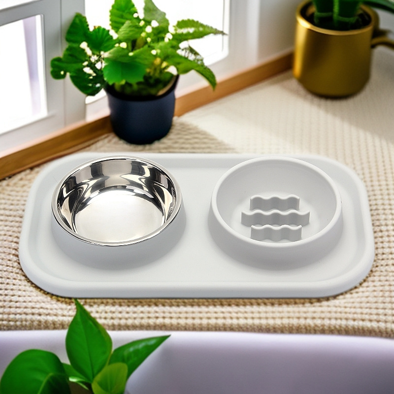 ペット食器 早食い防止機能付き二槽式ペット用食器セット