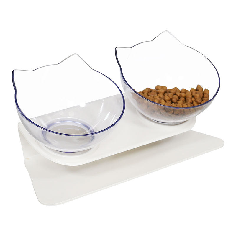 ペット食器 猫耳形 15度傾斜 透明ダブルボウルスタンドセット