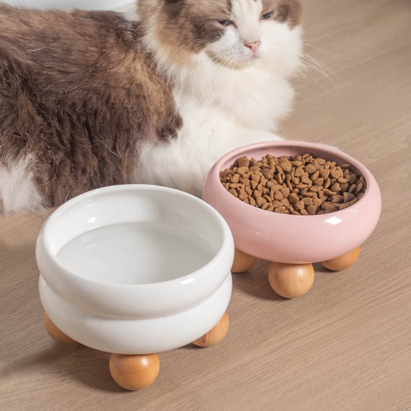 ペット食器 猫用陶器製丸脚付きペット食器ボウル