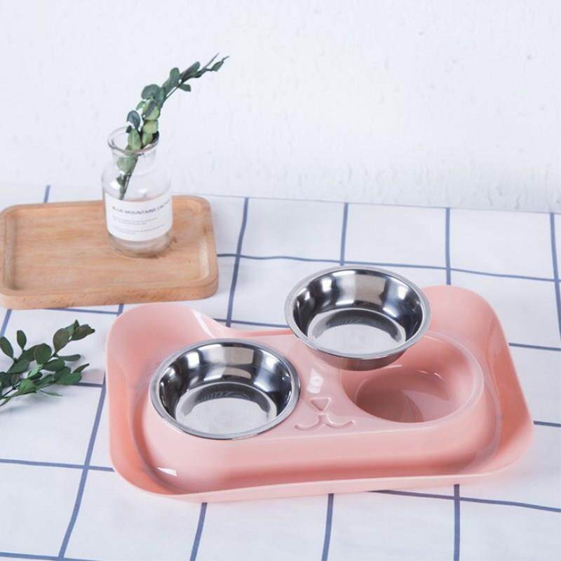 ペット食器 猫耳デザイン一体型ステンレスボウル付きペット食器
