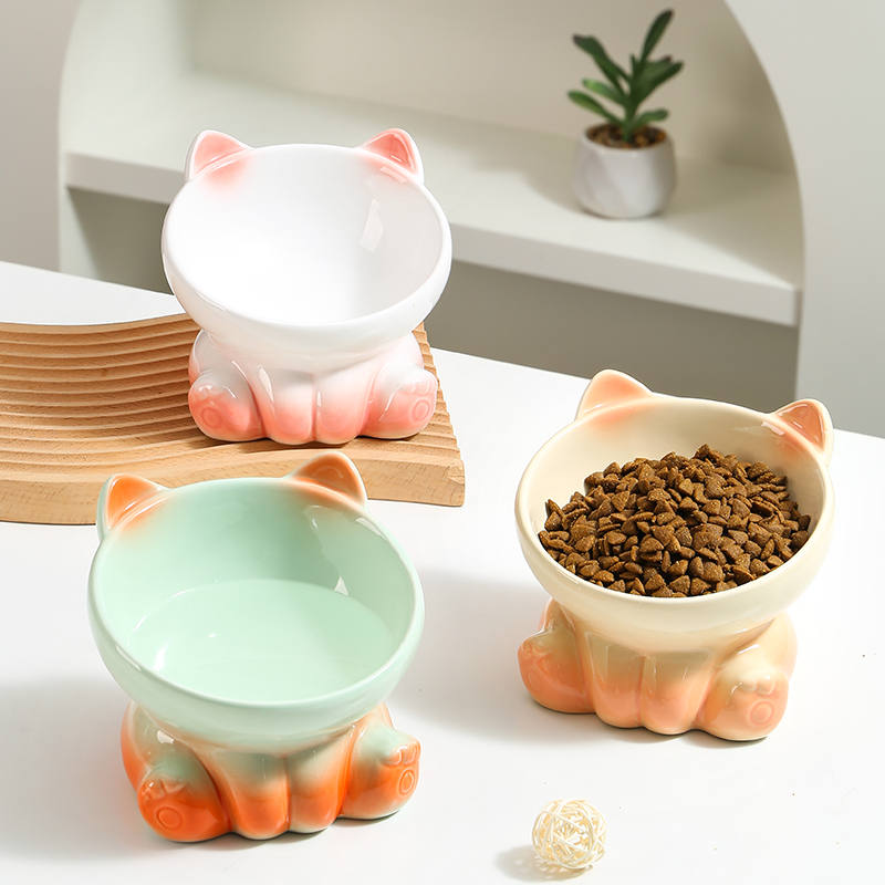 ペット食器 猫型陶器製ペット食器ふっくら猫ちゃんボウル