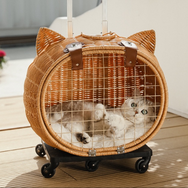 ペット キャリーバッグ 猫用職人手編み ねこ型キャリーバッグ 移動用