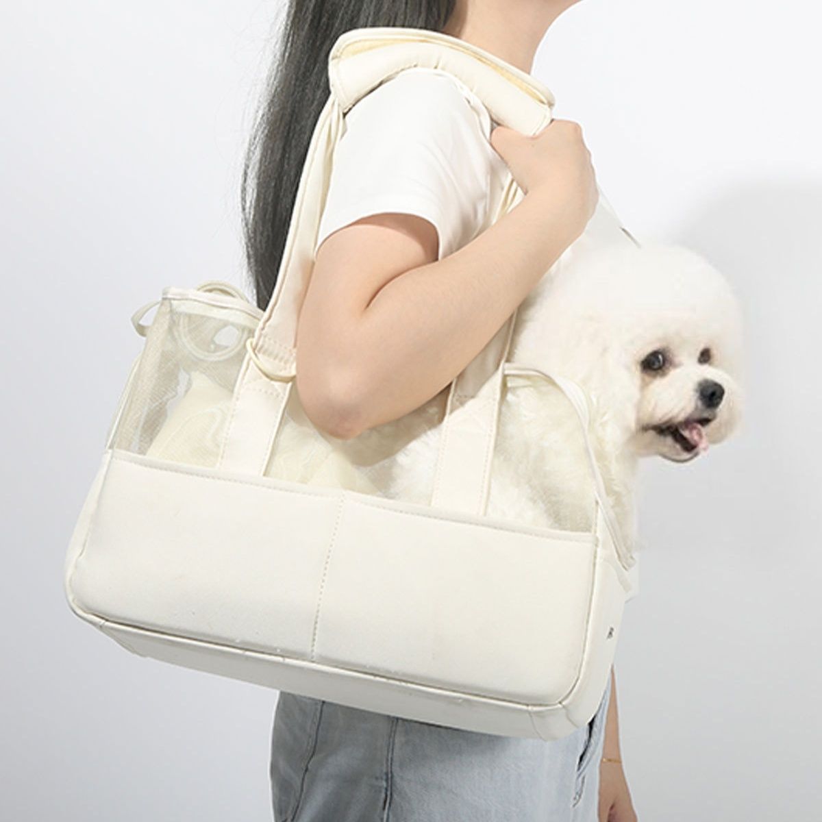 ペット キャリー 透明メッシュ 犬の快適お出かけバッグ