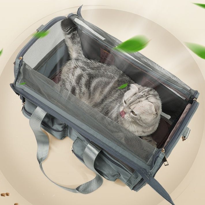 ペット キャリー 猫用快適通気性メッシュポケット付きキャリー