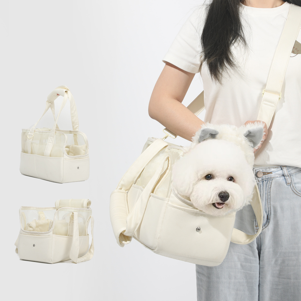 ペット キャリー 透明メッシュ 犬の快適お出かけバッグ