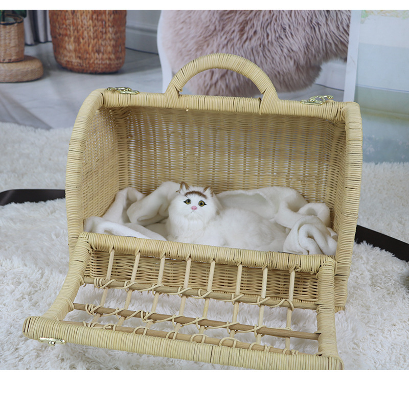 ペット キャリー 天然籐編み手提げ型小動物専用移動かご