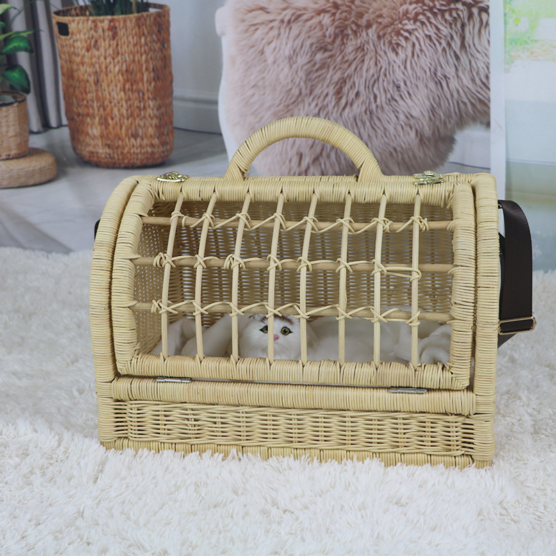 ペット キャリー 天然籐編み手提げ型小動物専用移動かご