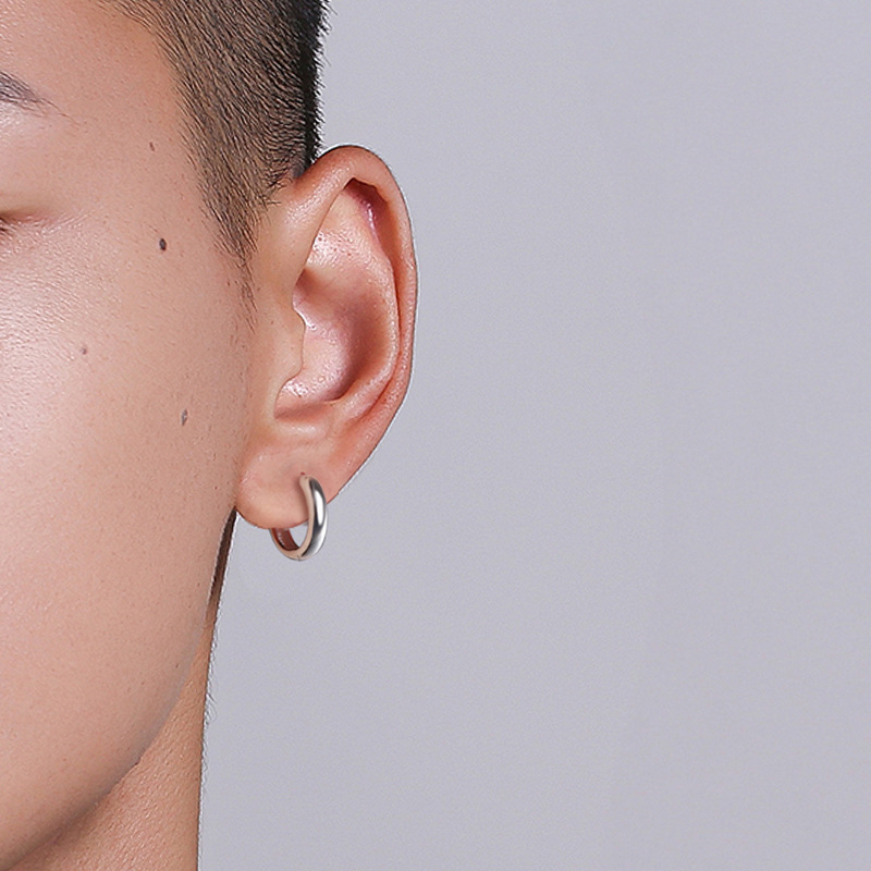 メンズピアス シンプル中太幅フープ型リング片耳用