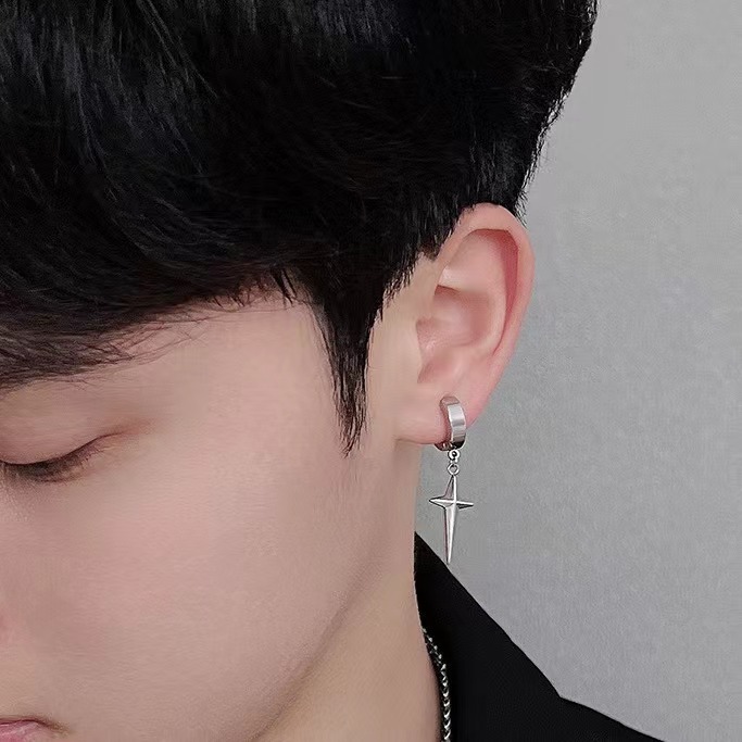 メンズピアスステンレス 四芒星モチーフ揺れるフープピアス