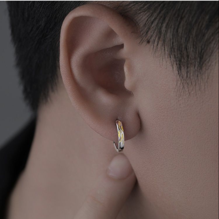 ピアスメンズ 和風デザイン純銀フープピアス