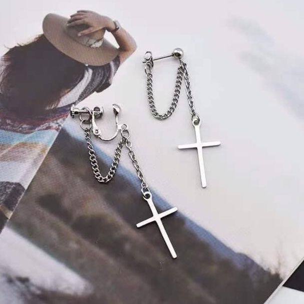 ピアスメンズ 十字架チェーンドロップピアス