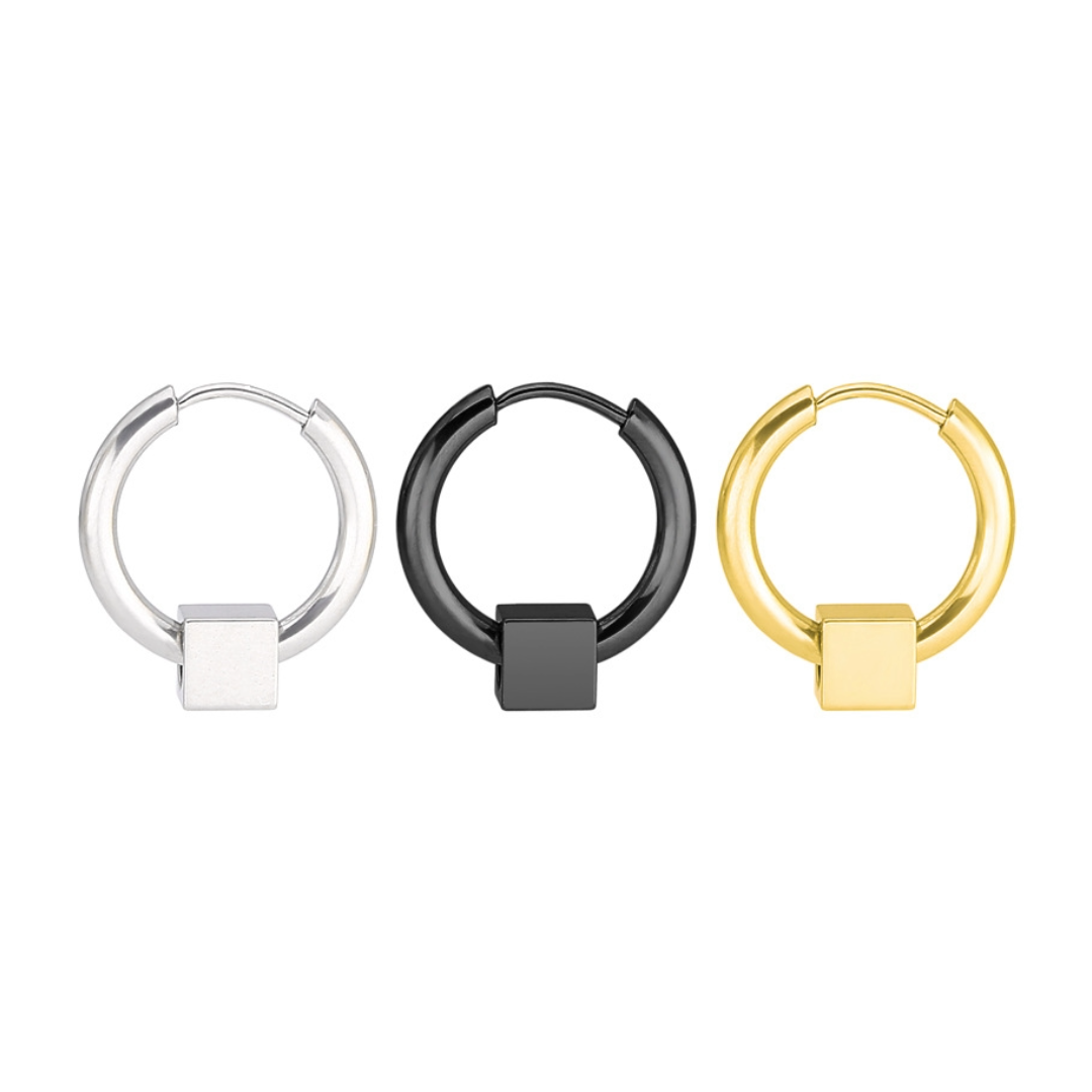 ピアスメンズ シンプル立方体フープピアス