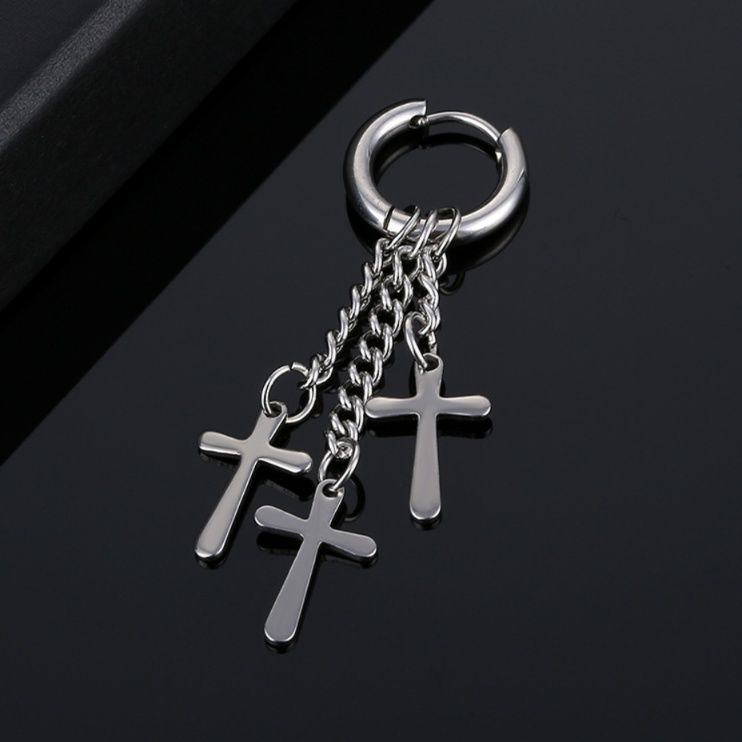 メンズピアス クロス・羽根デザイン チェーンピアス