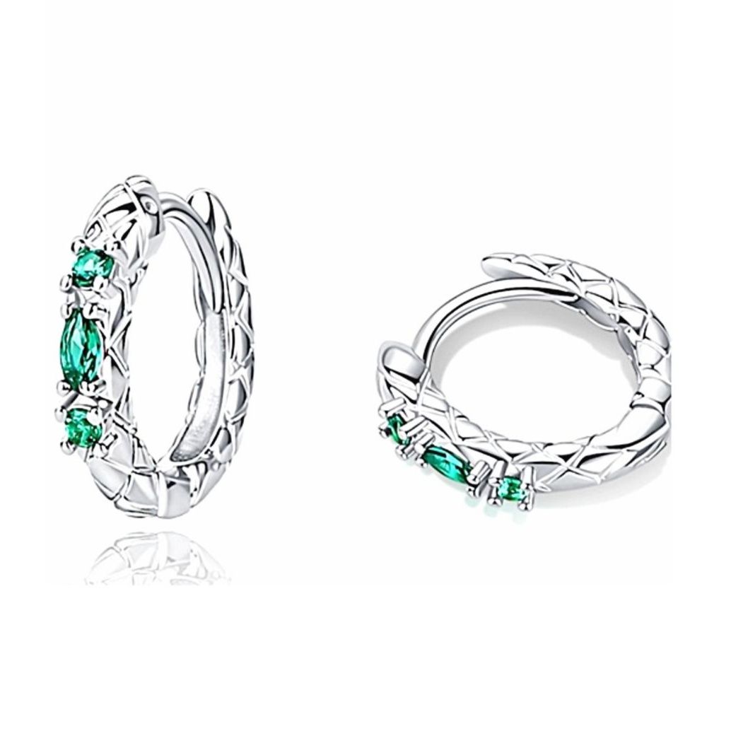 メンズピアス 緑石輝く純銀細工フープピアス
