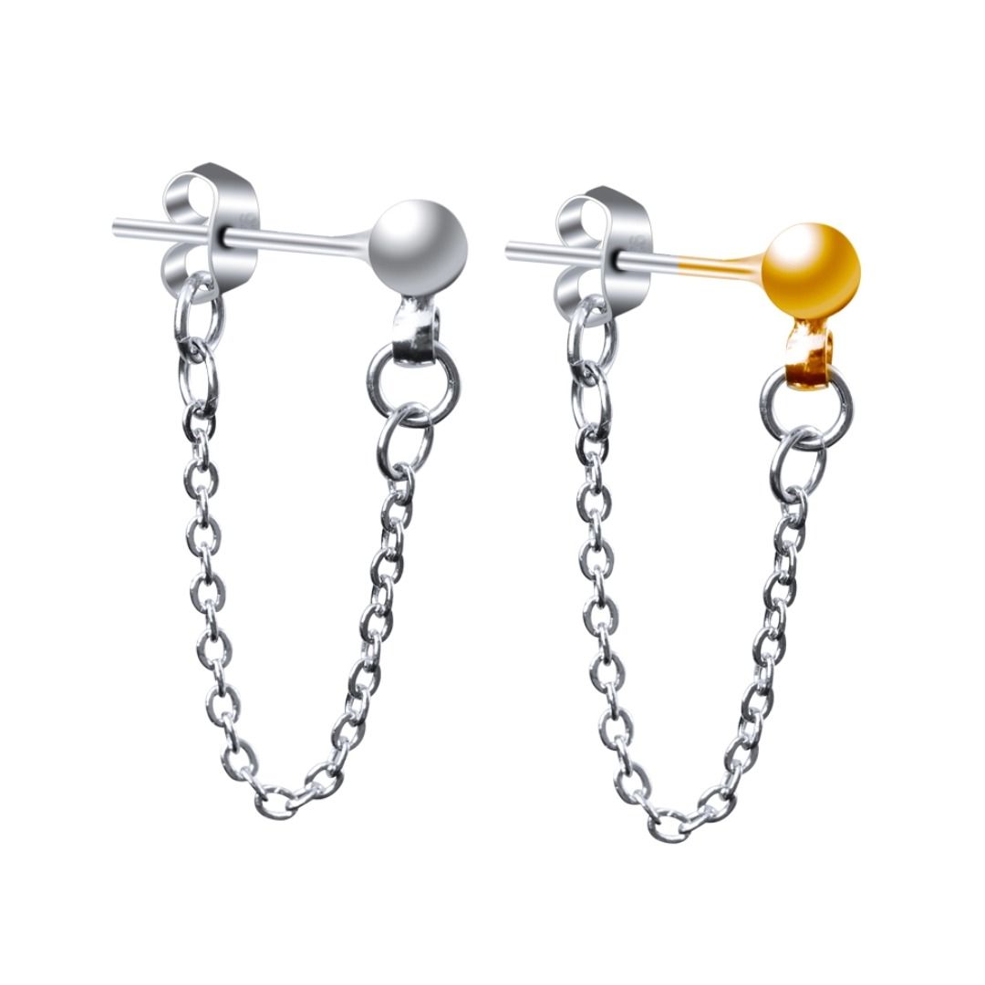 メンズピアス チェーンピアス 二連結ぶチェーンスタッズピアス