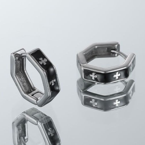 メンズピアス 六角形クローバー模様フープピアス