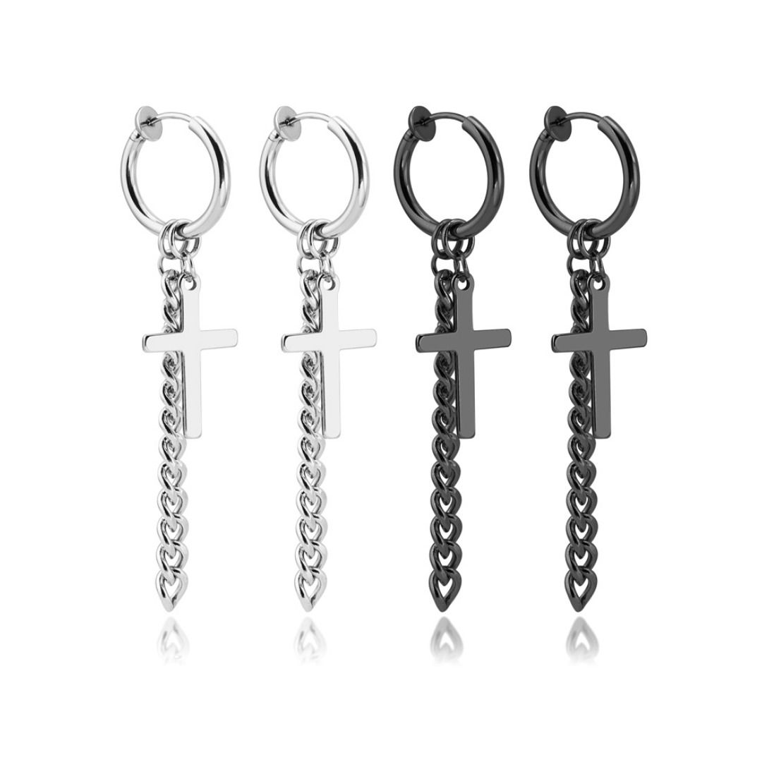 メンズピアス 十字架チェーンロングピアス