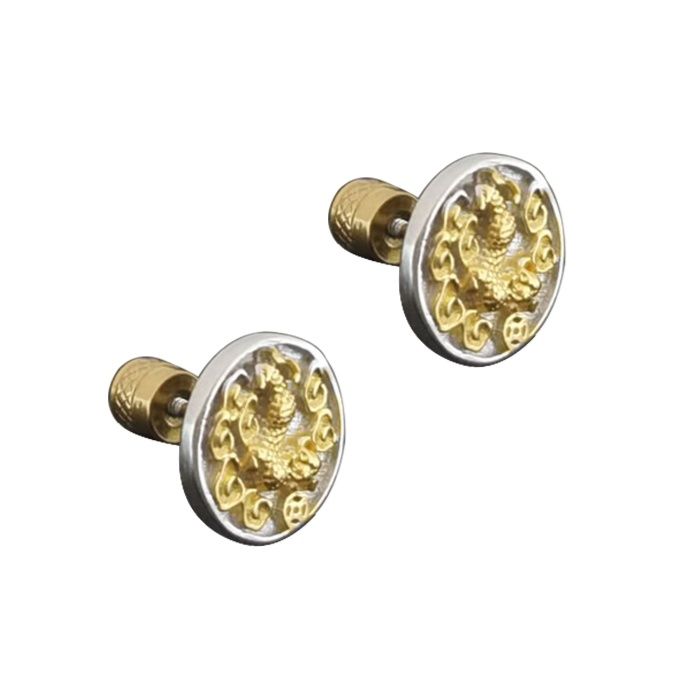 ピアスメンズ 貔貅彫刻円形スタッドピアス