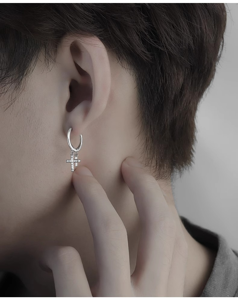 メンズピアス 十字架チェーン付きノンホール