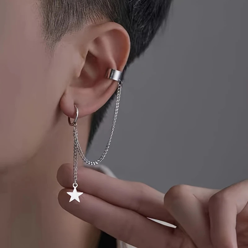 メンズピアス 星モチーフ付き二連チェーンイヤーカフセット