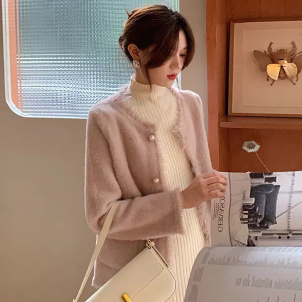 ピンクコーデ 秋新作ふわもこノーカラージャケット韓国風ピンク