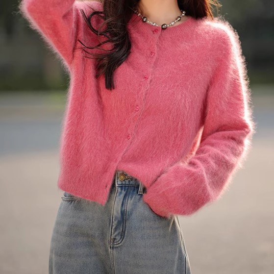 ピンクコーデ ふわもこ素材 大人可愛い ピンクカーディガン