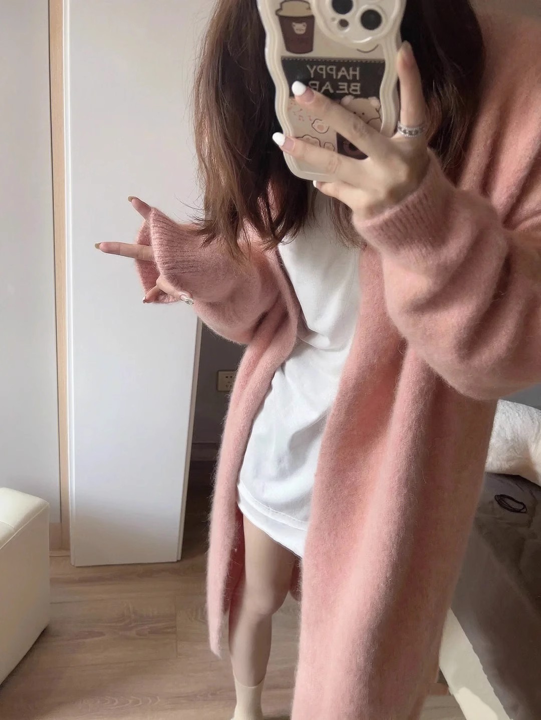 ピンクコーデ ふわもこロングニットカーディガン