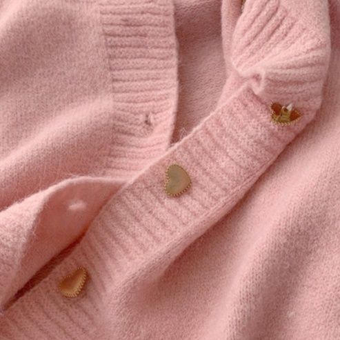 ピンクコーデ ハートボタン韓国風 長袖ニットカーディガン 