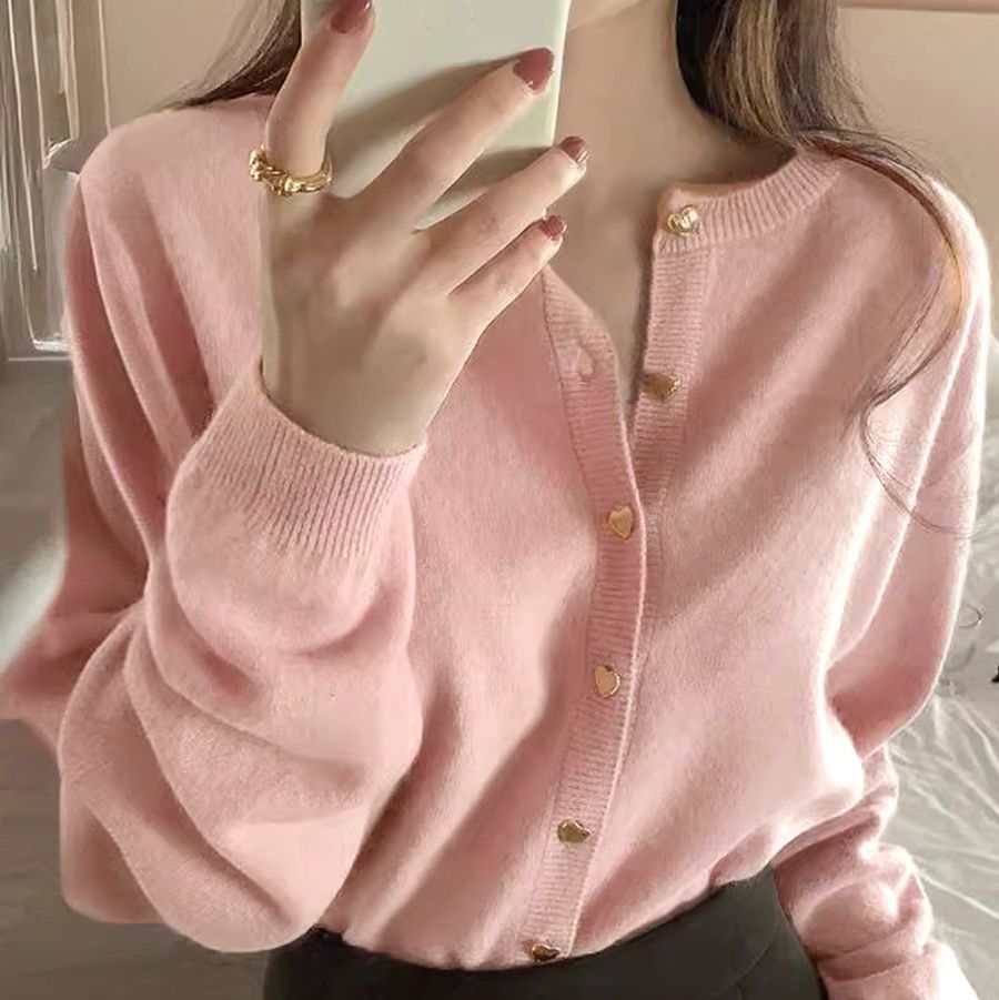 ピンクコーデ ハートボタン韓国風 長袖ニットカーディガン 