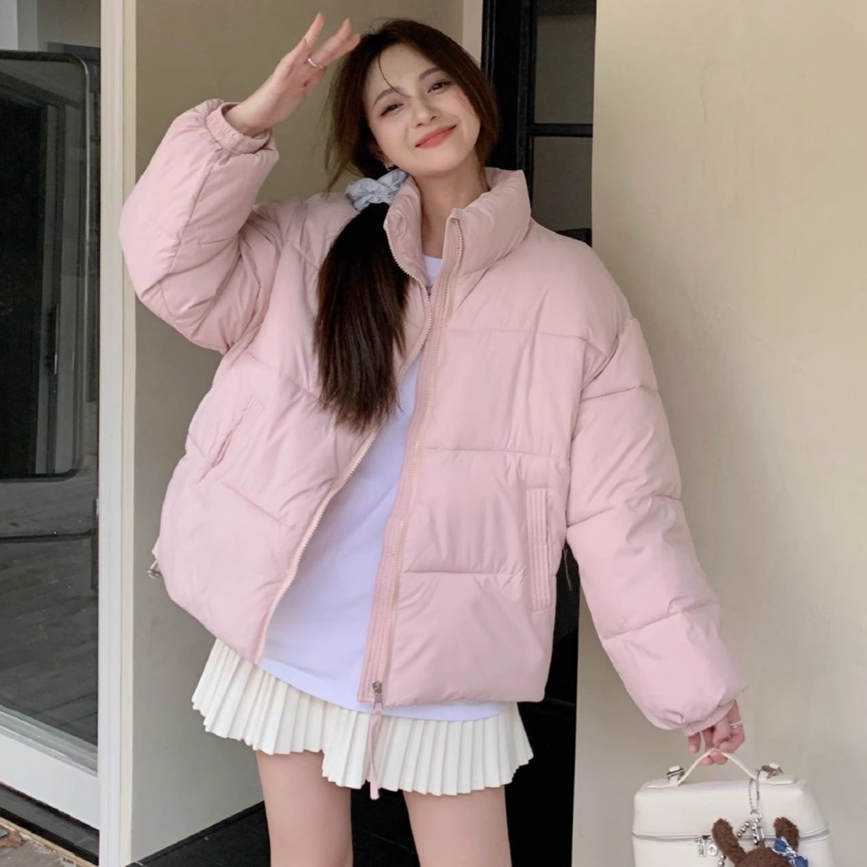 ピンクコーデ ボリューム襟ショート丈中綿入りジャケット アウター