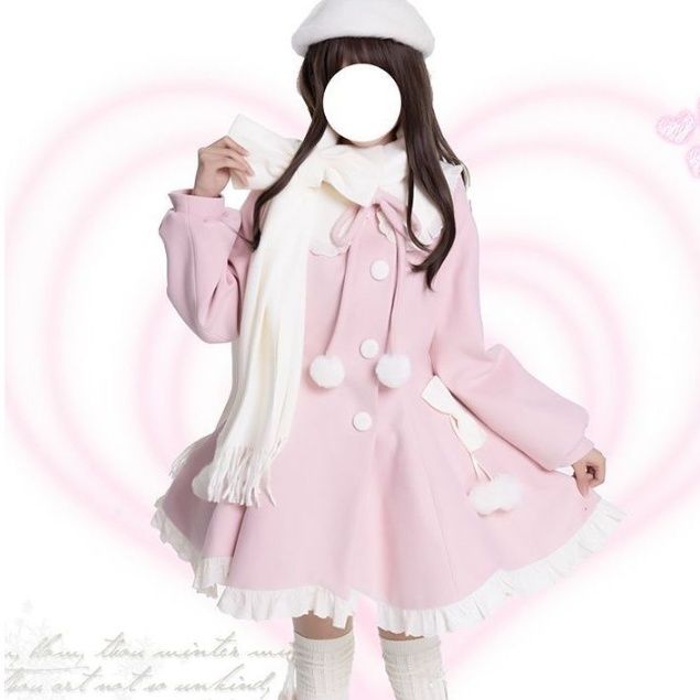 ピンクコーデ 姫系ポンポン付きフリルレース姫袖コート アウター