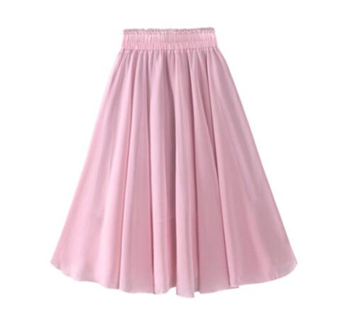 ピンクコーデ 上品なミディ丈シフォンスカート 膝下フレア