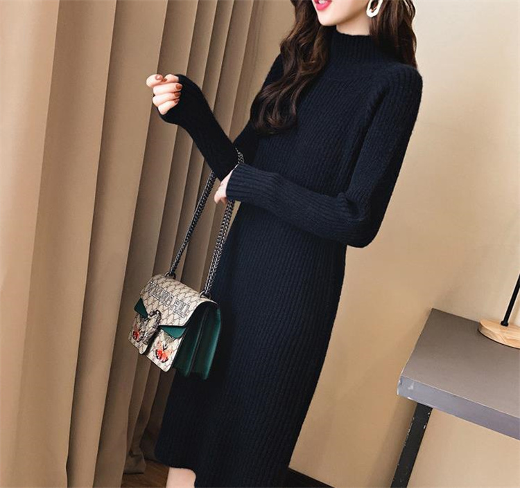 ピンクコーデ 上品な長袖リブニットワンピース 秋冬厚手