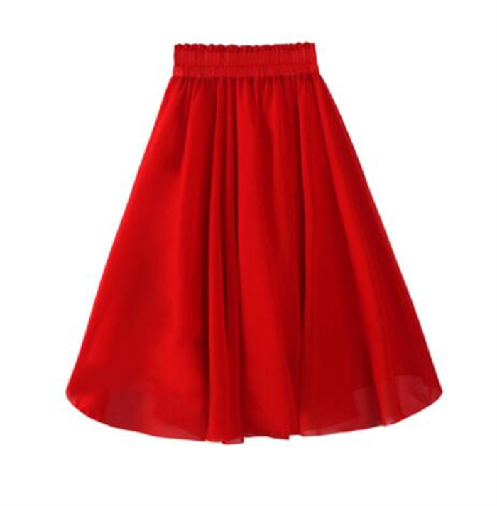 ピンクコーデ 上品なミディ丈シフォンスカート 膝下フレア