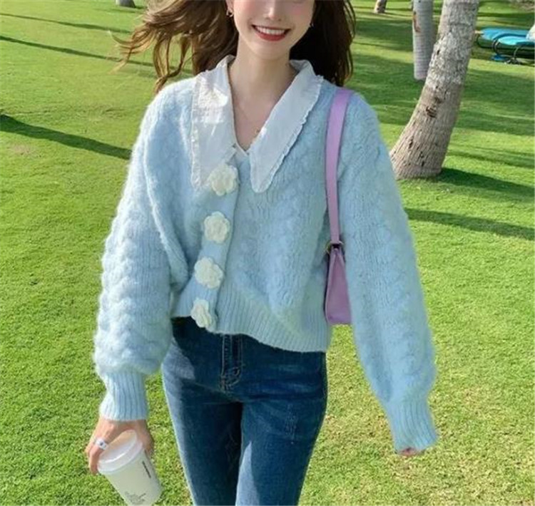 ピンクコーデ 春秋ニットカーディガン ショート丈セーター