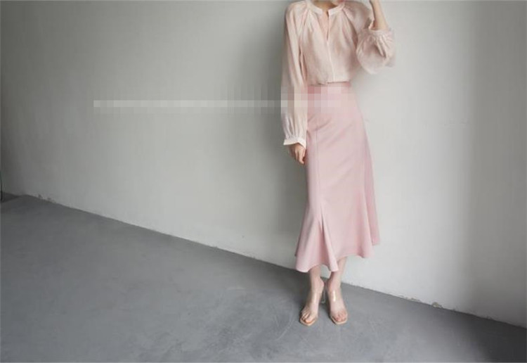 ピンクコーデ 上品ピンクハイウエストマーメイドスカート