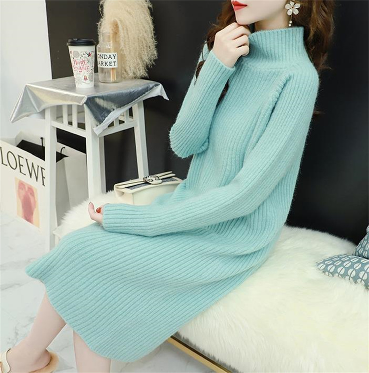 ピンクコーデ 上品な長袖リブニットワンピース 秋冬厚手