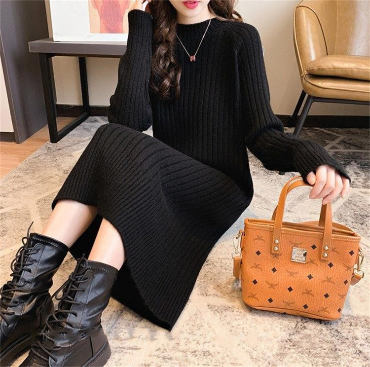 ピンクコーデ 上品な長袖リブニットワンピース 秋冬厚手