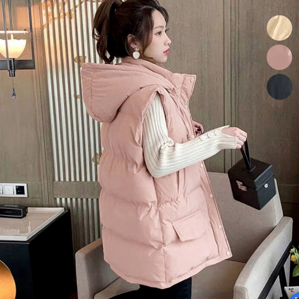 ピンクコーデ ピンク系フード付き中綿ベスト