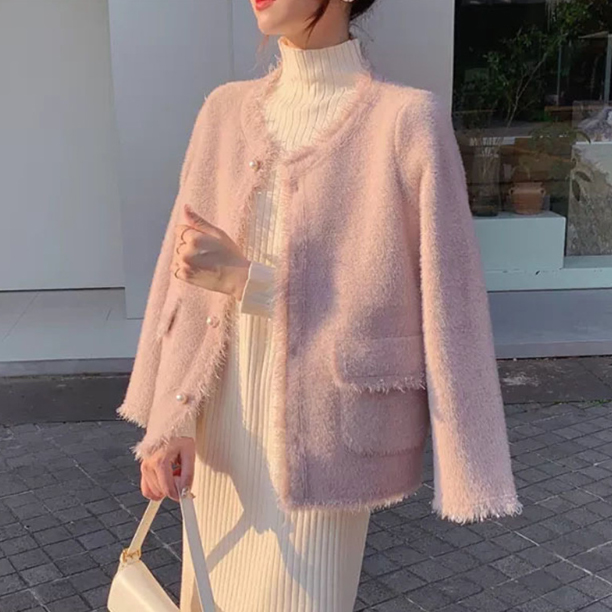 ピンクコーデ 秋新作ふわもこノーカラージャケット韓国風ピンク
