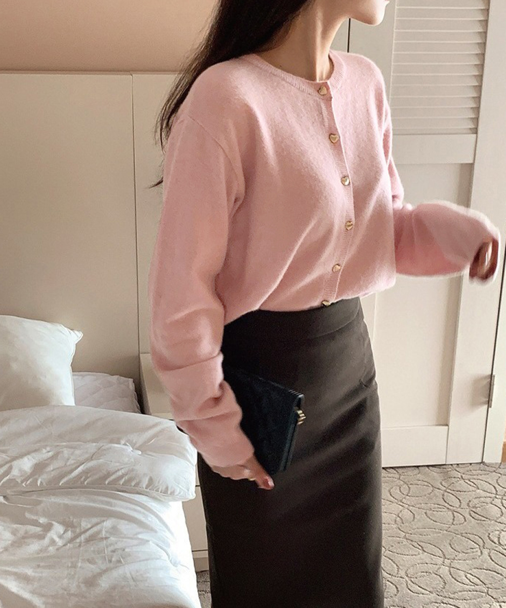 ピンクコーデ ハートボタン韓国風 長袖ニットカーディガン 