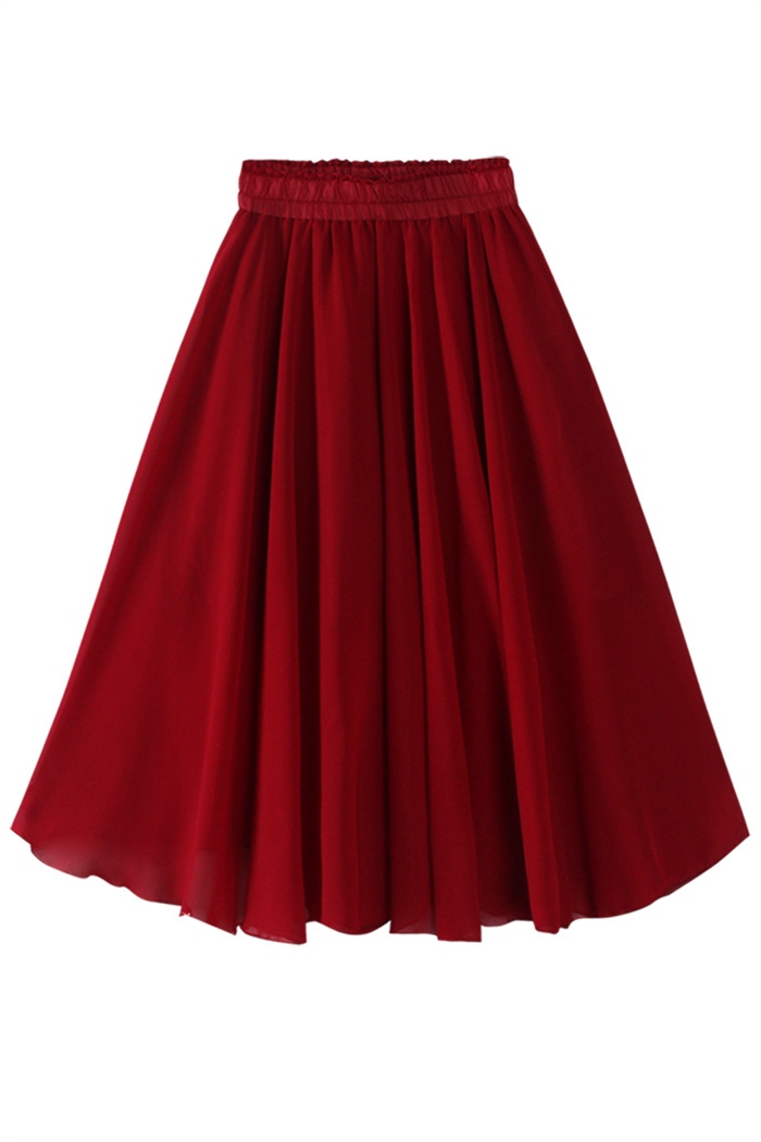 ピンクコーデ 上品なミディ丈シフォンスカート 膝下フレア