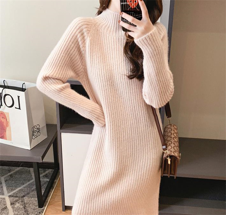 ピンクコーデ 上品な長袖リブニットワンピース 秋冬厚手