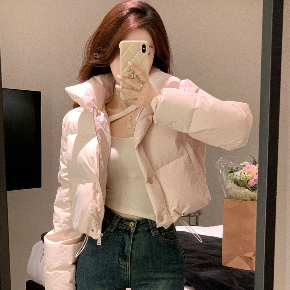 ピンクコーデ ボリューム襟ショート丈中綿入りジャケット アウター