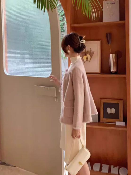 ピンクコーデ 秋新作ふわもこノーカラージャケット韓国風ピンク